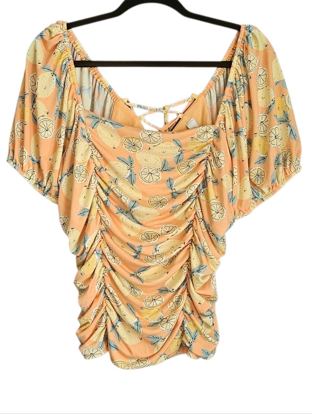 Lily White Lemon Print Ruched Milkmaid Corset Tie Back Puff Sleeve Top 2X